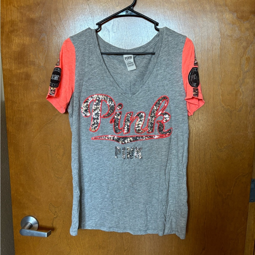 PINK Sequined V-Neck Tee